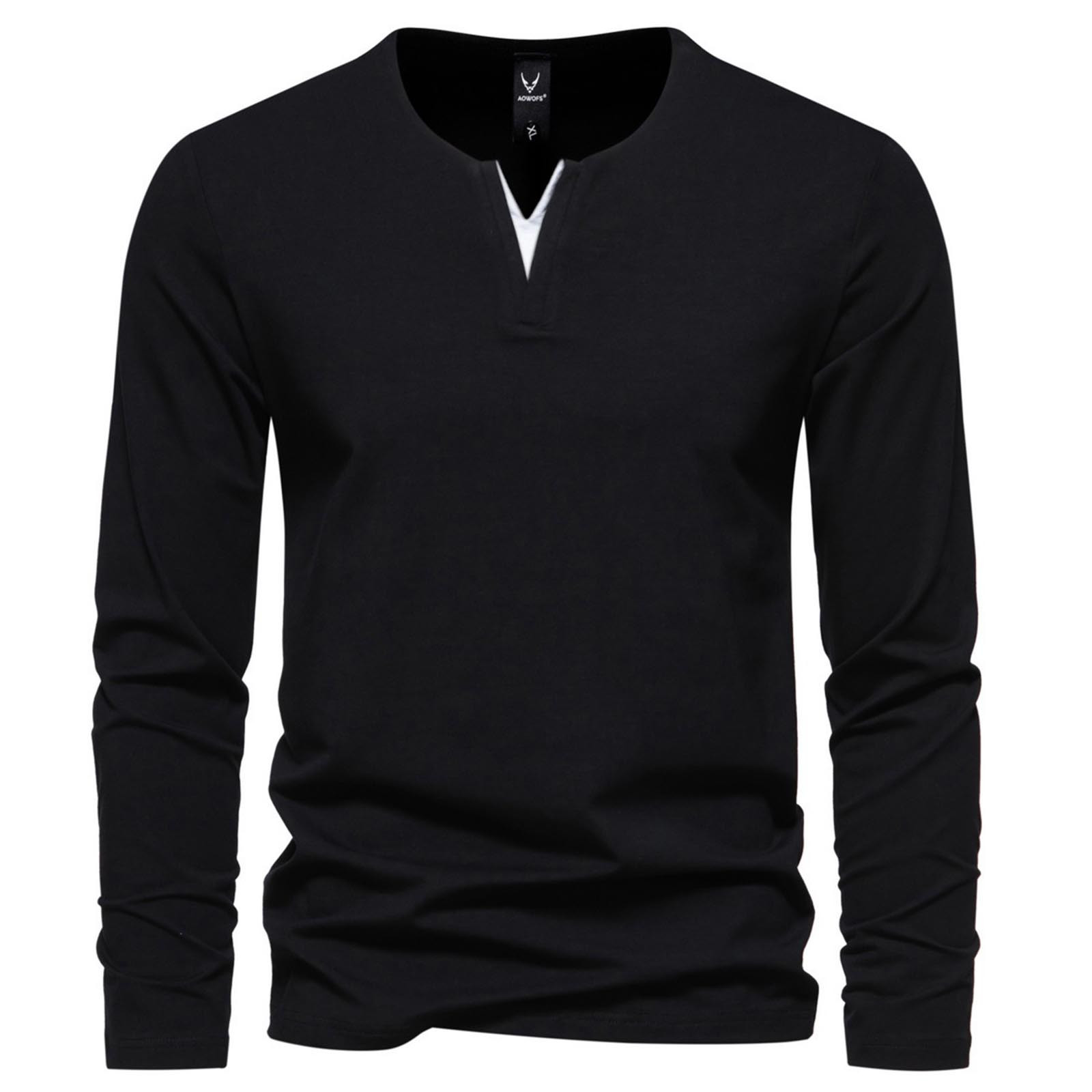 thumbnail image 1 of Camiseta informal de manga larga con cuello en V para hombre: color liso, poliéster, para uso diario, fácil de combinar con vaqueros - L-XXXXXL, 1 of 2